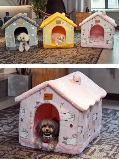 小型犬猫用 ペットハウス 折りたたみ室内用 犬小屋ペットベッド2way 屋根付きふわふわ クッション付き ンおしゃれ 洗える L：46*43